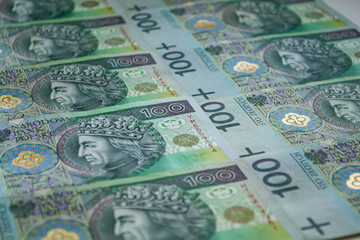 Poland currency background. Bank of Poland, one hundred zloty