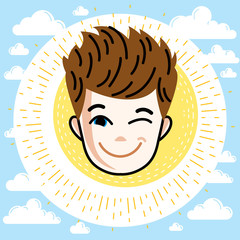 Boy face, vector human head illustration. Redhead kid winking.