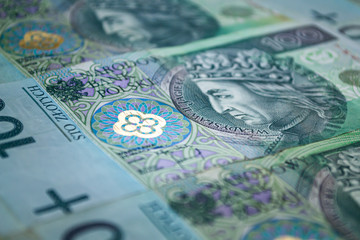Polish zloty banknotes background. Macro photo