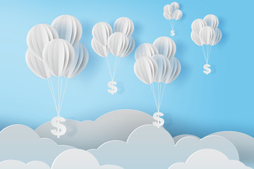 Obraz premium illustration of balloon fly with dollar sign on blue sky. Business and management concept idea.Creative design paper cut and craft style scene for your text.By pastel color.Financial exchange.vector