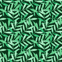 Watercolor seamless pattern with green branches on black background.