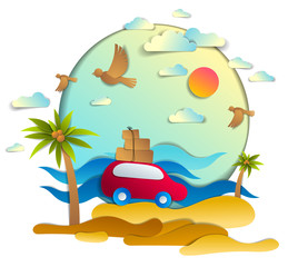 Red car with baggage in scenic seascape with beach and palms, waves, birds and clouds in the sky, paper cut style vector illustration of summer holidays travel and tourism, family or friends.