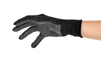 Gesture to throw. Hand in black cloth glove on isolated white background.