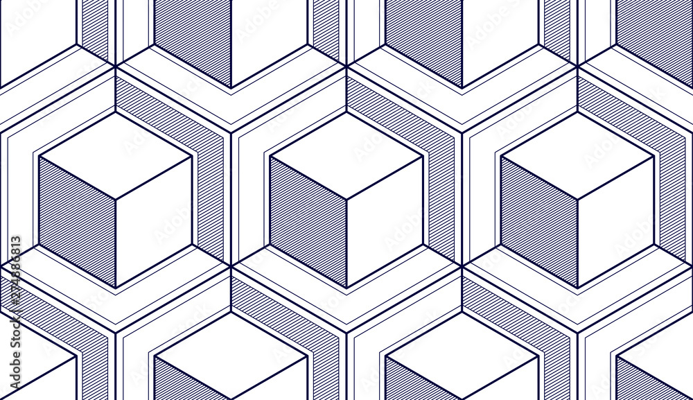 Poster geometric cubes abstract seamless pattern, 3d vector background. technology style engineering line d