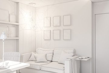 Home office interior design concept in a private cottage. 3d illustration of the interior in white color
