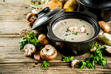 Homemade mushroom soup, old wooden background copy space