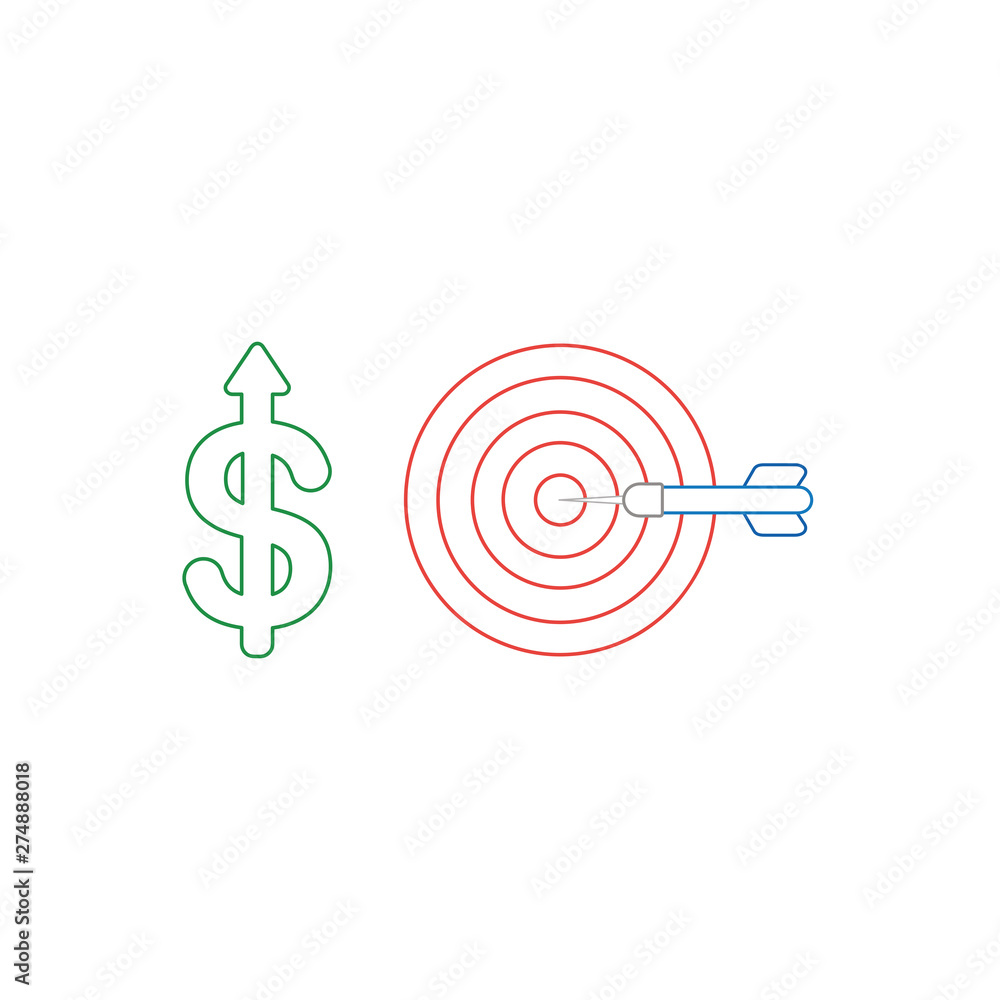 Poster vector icon concept of dollar symbol with arrow moving up and bulls eye with dart in the center.