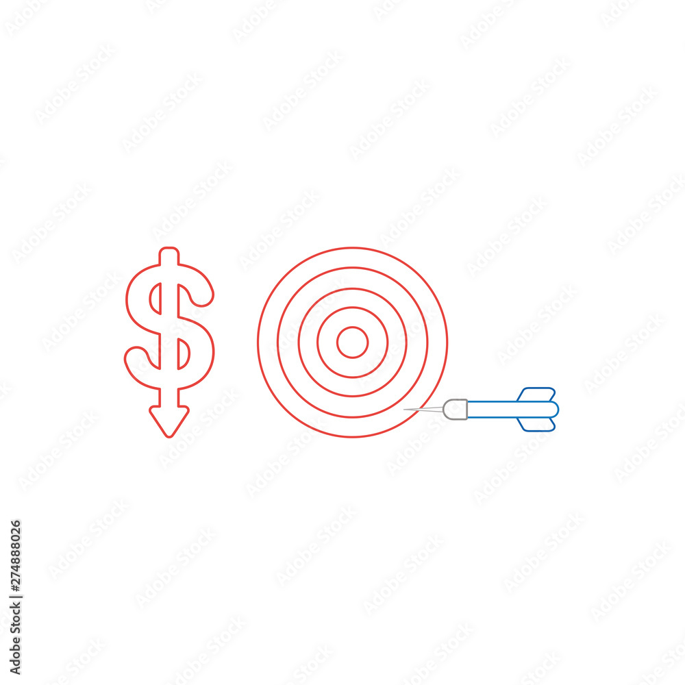 Poster vector icon concept of dollar symbol with arrow moving down and bulls eye with dart in the side.
