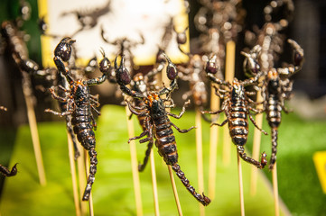 Scorpion on a stick at the street market - kind of Asian delicacy, Chiang Mai, Thailand. Grilled...