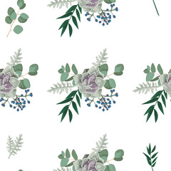 Seamless pattern with succulent, eucalyptus, greenery. Vintage floral background. Vector illustration