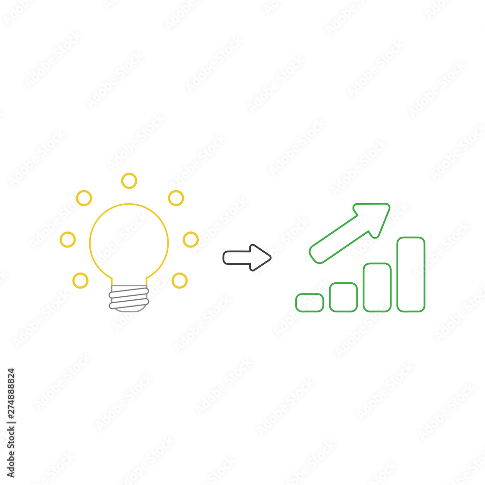 Poster vector icon concept of glowing light bulb idea with sales bar chart moving up.