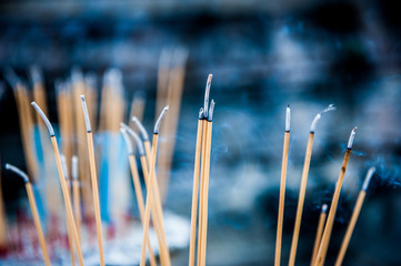Burning aromatic incense sticks. Incense for praying Buddha or Hindu gods to show respect. Joss...