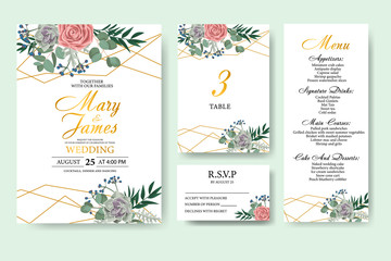 Fototapeta na wymiar Wedding floral invitation card save the date design with green leaf herbs eucalyptus, rose, succulent and golden frame. Botanical elegant decorative vector template