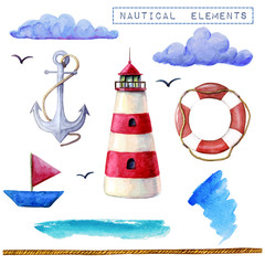 Watercolor nautical elements collection. Lighthouse, ship, lifebuoy, anchor clouds isolated on white backdrop. Trendy elements for marine design.