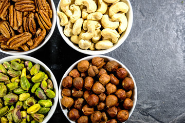 Selection of Mixed Nuts, Pistachio nuts, Pecan Nuts, Cashew Nuts and Hazel Nuts