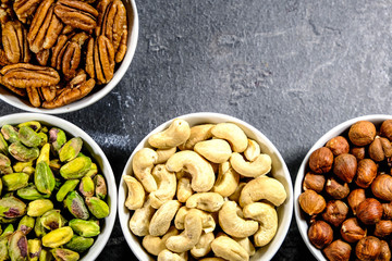 Selection of Mixed Nuts, Pistachio nuts, Pecan Nuts, Cashew Nuts and Hazel Nuts