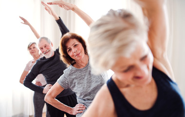 Group of senior people doing exercise in community center club.