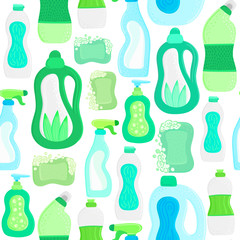 Seamless pattern. Eco friendly household cleaning supplies. Natural detergents. Products for house washing. Non chemical cleaners. Green home. Flat design. Leaflet, brochure, label, package. Vector