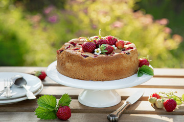 summer strawberry cake wooden table