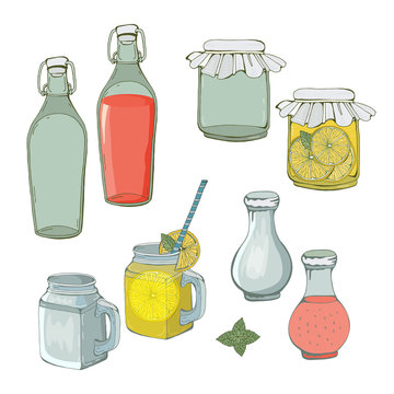 Cans and bottles on isolated white background. Glassware for storage. Juice, lemonade, and jam in a glass container. Color vector illustration.