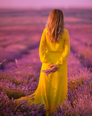Obraz premium beautiful young girl walks in a field of lavender