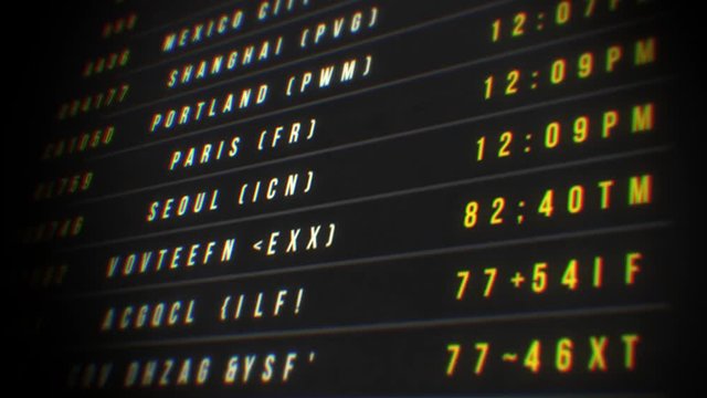 Airport Departure Board/ Animation of an airport departure board with flight, destination, time and decoding text