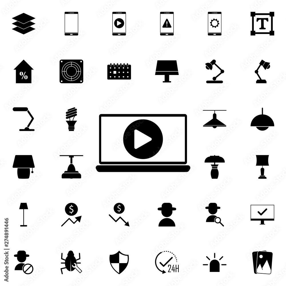 Poster music player in laptop icon. universal set of web for website design and development, app developmen
