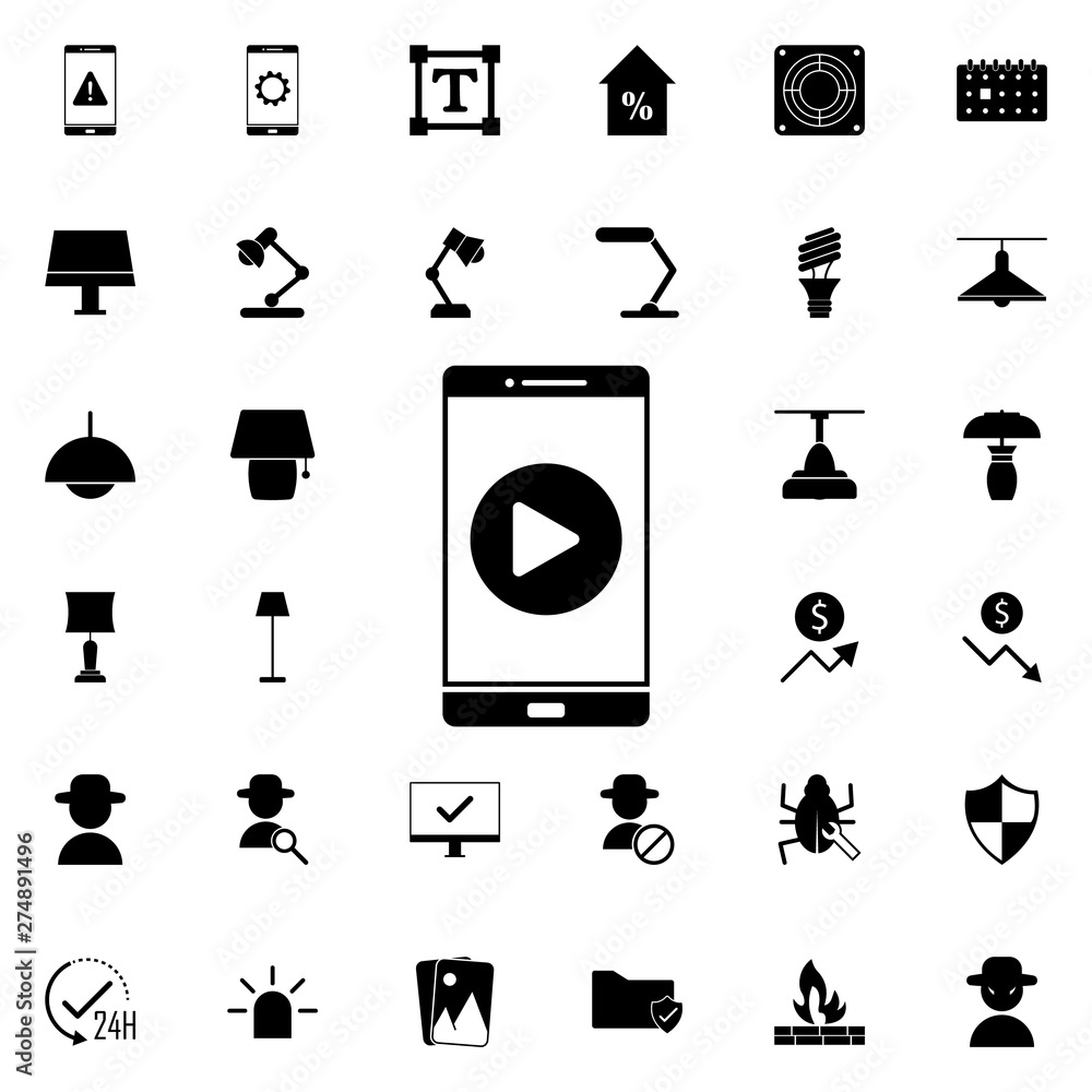 Poster player in phone icon. universal set of web for website design and development, app development