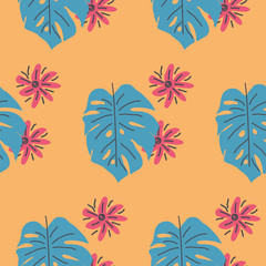 monstera leaves hand drawn seamless pattern. Tropical background.