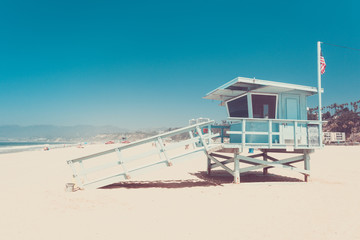 Iconic lifeguard hut on a beach of Santa Monica, California