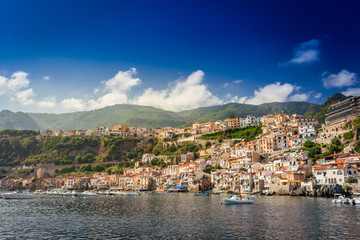 Fototapeta na wymiar Panoramic view on Mediterranean sea coast of Chianalea di Scilla in Calabria