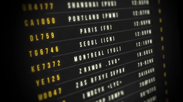 Airport Departure Board Loop/ 4k animation of an airport departure board with flight, destination, time and decoding text seamless looping