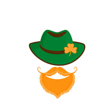 Leprechaun with a red beard and mustache in a green hat with a shamrock. Happy St. Patrick's Day