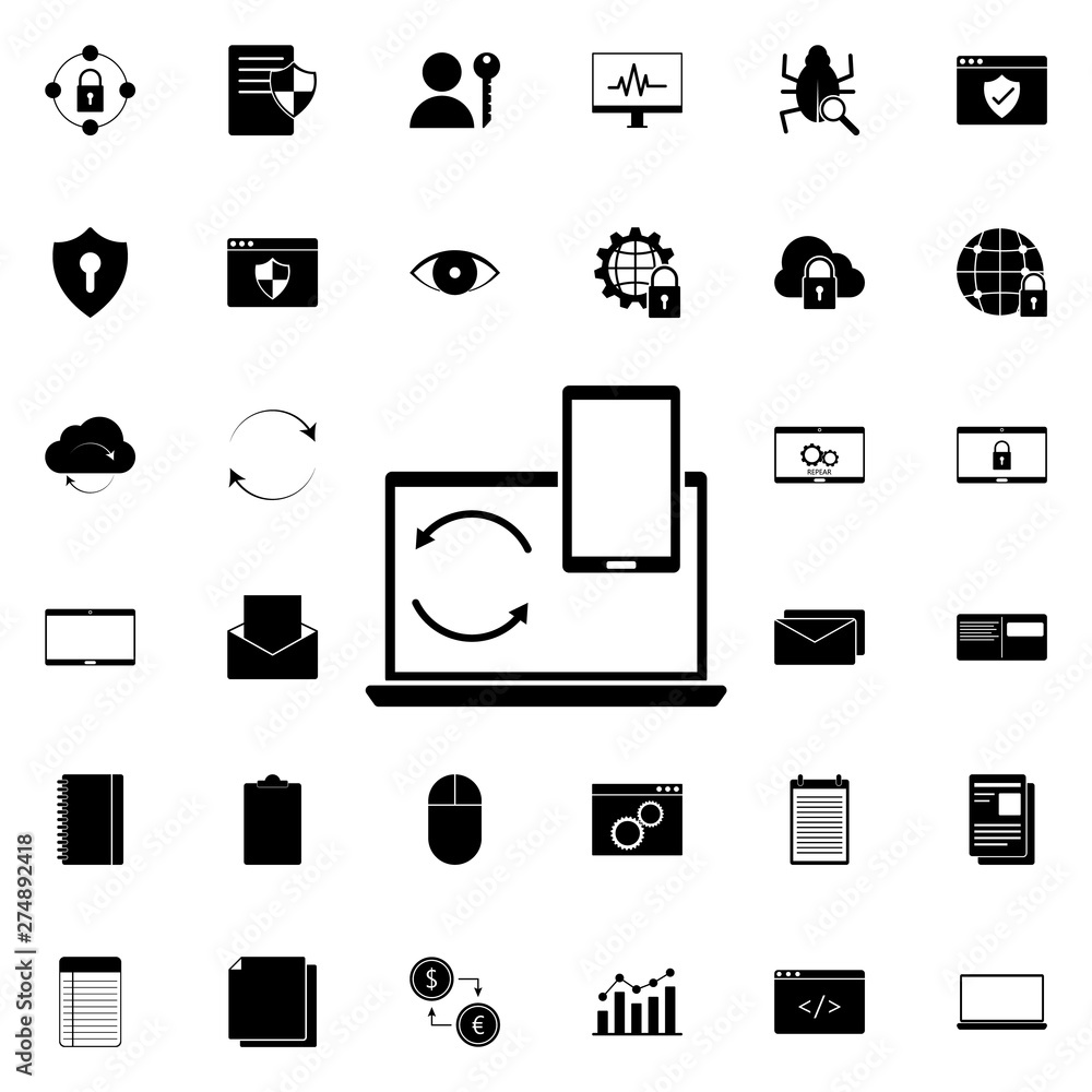 Poster synchronize your computer with your phone icon. universal set of web for website design and developm
