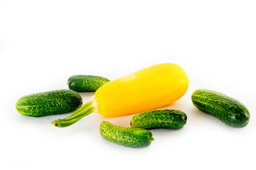 Yellow squash and green cucumbers on a white background