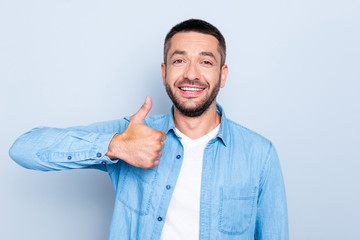 Close up photo amazing he him his guy macho perfect appearance white teeth hand arm raised up thumb...