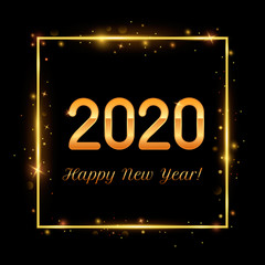 Happy New Year 2020. Golden shiny inscription and numerals in a gold frame with glitter.