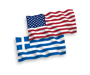 Obraz premium National vector fabric wave flags of Greece and USA isolated on white background. 1 to 2 proportion.