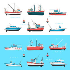 Fishing boats side view and buoys with blue sea background and isolated on white. Side view illustration.