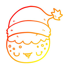 warm gradient line drawing cartoon christmas pudding wearing santa hat
