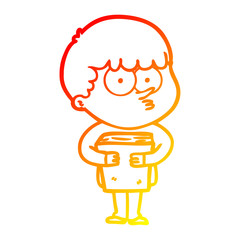 warm gradient line drawing cartoon curious boy holding a book