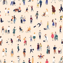 Fototapeta na wymiar Seamless pattern with young and elderly people walking on street, riding bike or skateboard. Backdrop with city dwellers performing outdoor activities. Flat cartoon vector illustration for wallpaper.