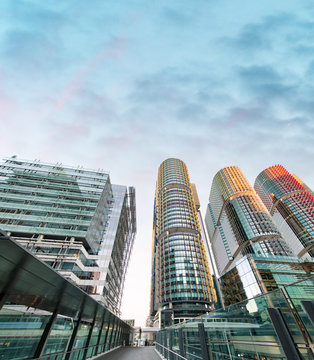 Buidlings and city bridge in Barangaroo, Sydney at sunrise