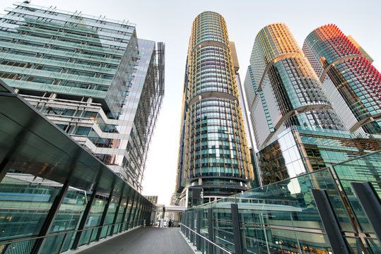 Buidlings and city bridge in Barangaroo, Sydney at sunrise
