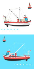 Fishing boat side view and buoys with blue sea background and isolated on white. Side view illustration.