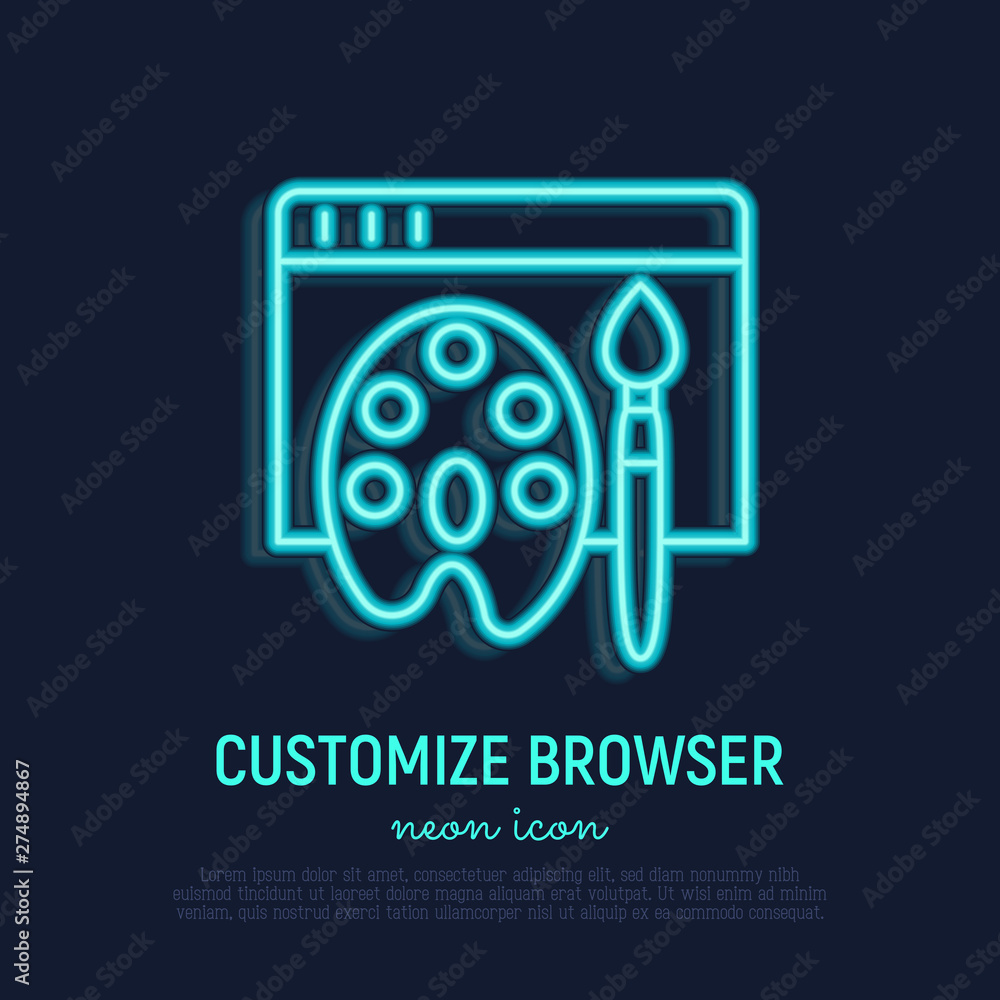 Poster customize browser neon thin line icon: web page with paint palette and brush. modern vector illustra