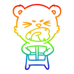 rainbow gradient line drawing angry cartoon bear with present