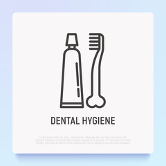 Dental hygiene for pets: toothbrush and toothpaste thin line icon. Modern vector illustration for pet shop.