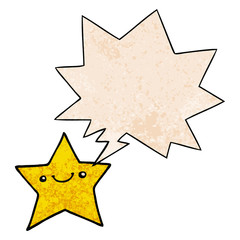 happy cartoon star and speech bubble in retro texture style