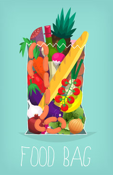 Paper bag full of food and products purchased at organic market. Poster with vector illustration of transparent bag of food.